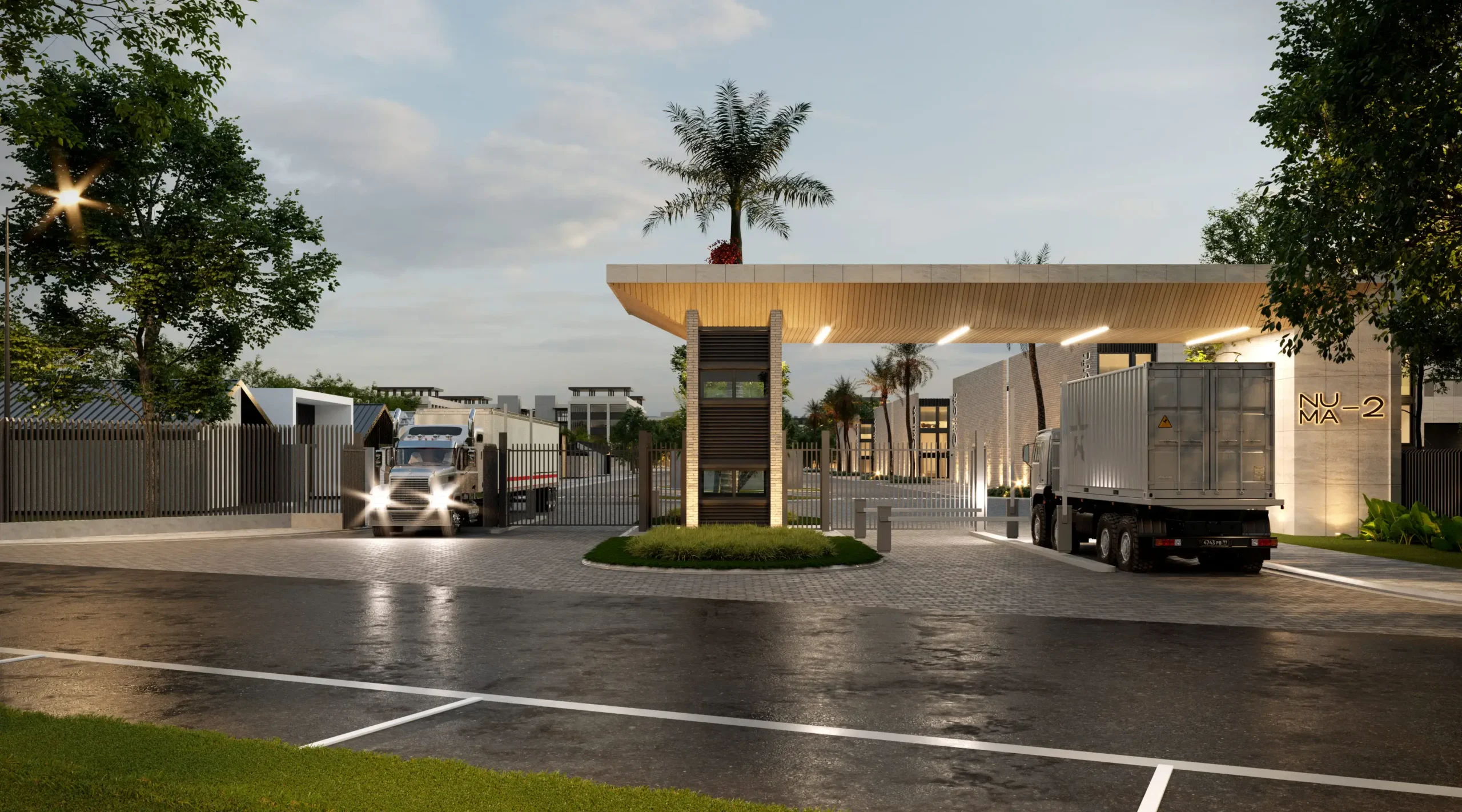 Entrada principal del parque empresarial NUMA en Samborondón, con garita de seguridad y acceso para camiones de carga